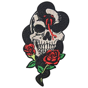 écusson thermocollant Tête de mort serpent rose et crâne 5.5x10 cm